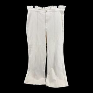 Emily McCarthy Cream Wide Leg Pants Ruffle Waist Front Crease Large Cottage